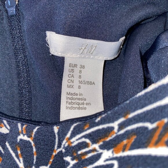 H&M Dress Size 8 Floral Print Brown Blue Knee Length 3/4 Sleeves Boho Retro Chic - Picture 3 of 7